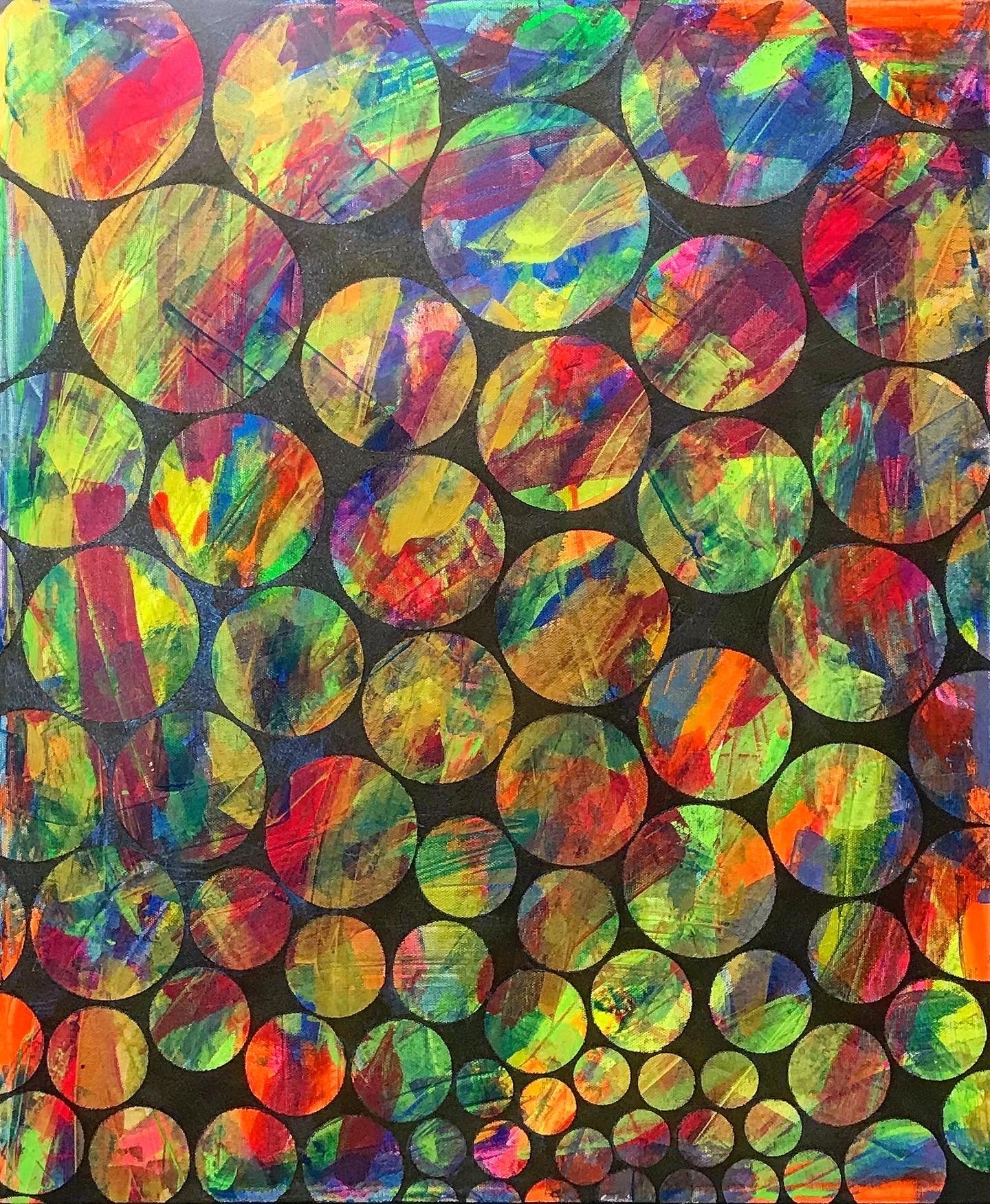 Metallic and fluorescent acrylics painting with colorful circles, under standard light